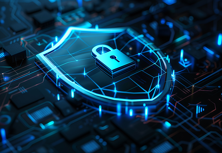 3D illustration of shield with lock and digital data network, blue color theme, isometric view, on dark background, concept for cyber security technology or online protection, detailed design, high resolution --ar 16:9 Job ID: fd295fbe-f95b-4c9b-a74c-1a67df883f9c